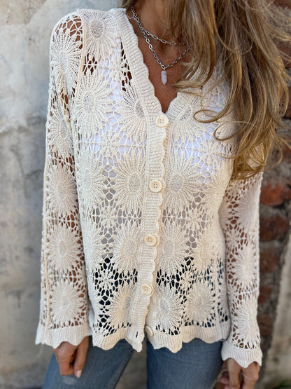 🏆Flash Sale⚡ 50K+ SOLD! Almost Gone-💥Cutout Embroidered V-Neck Button Long Sleeve Top,Best gifts