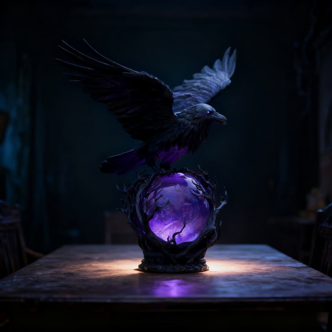 “Raven's Moonlight” Gothic LED Lamp – Mysterious Crow on Glowing Orb Sculpture