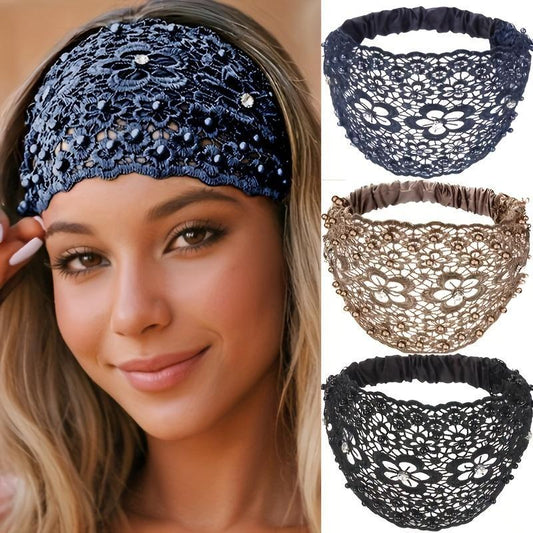 Set of 3 Bohemian Crystal and Pearl Accent Wide Headbands