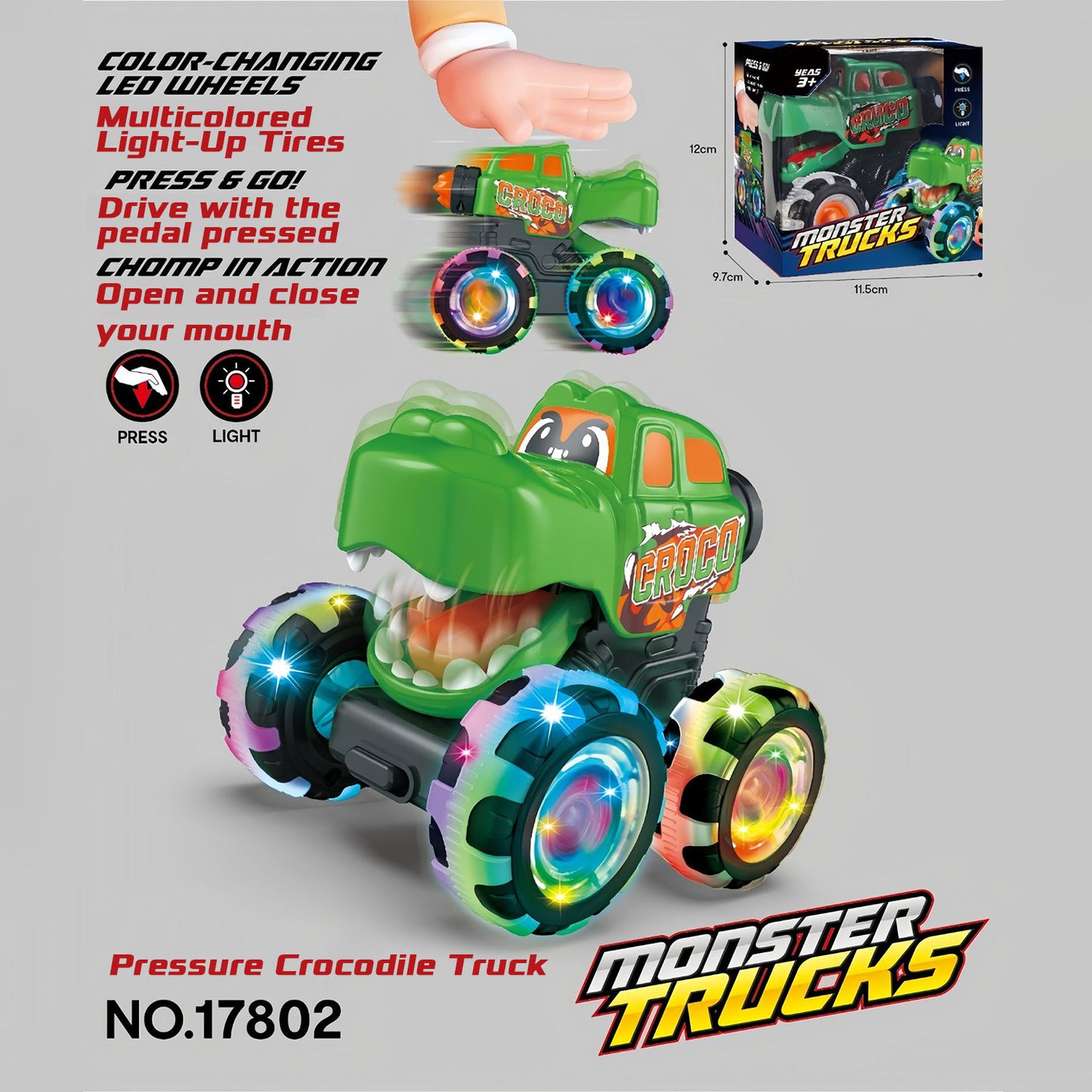 🔥 Hot Selling 🦖 Light-Up Monster Truck – Press & Go Stunt Car for Kids 🚗