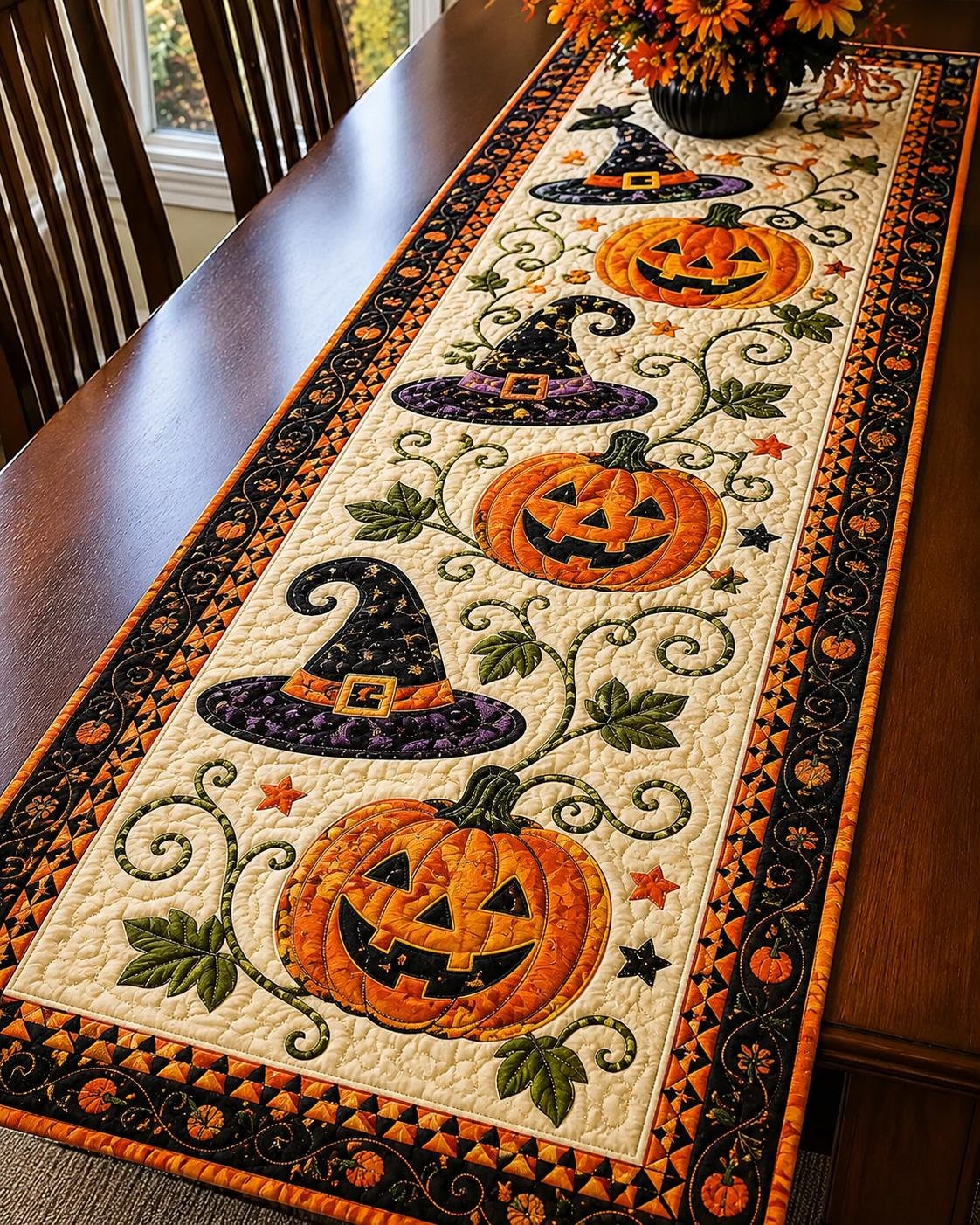 🎃🍂 Rustic Quilted Autumn Table Runner – Cozy Harvest Table Decor