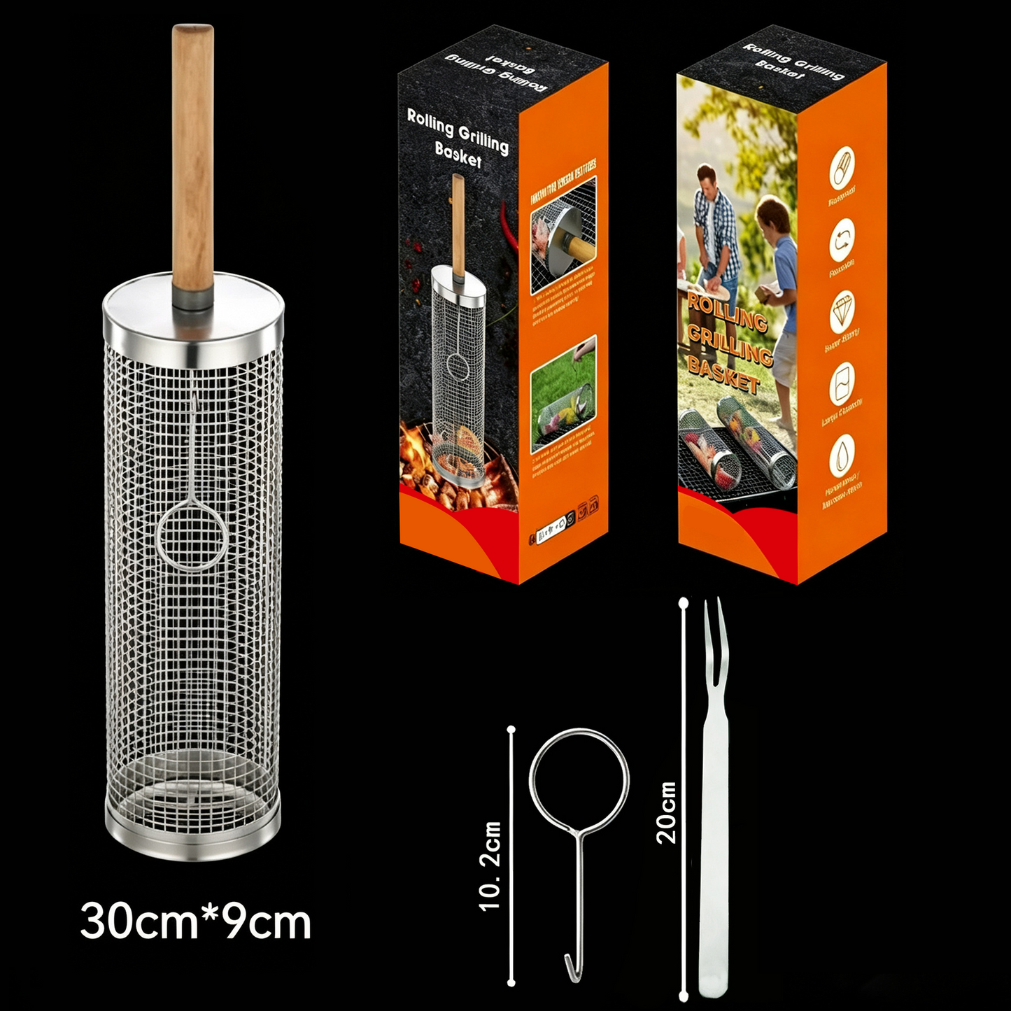 😋🔥Stainless Steel Rotary BBQ Cage with Handle🍗