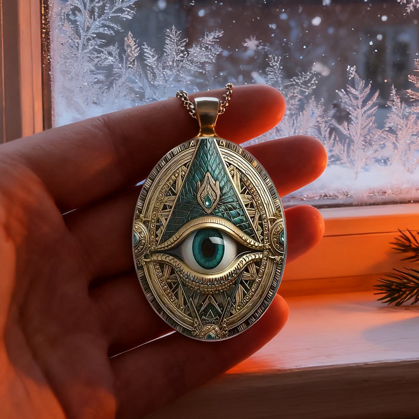 Vintage Mason Gothic Oval Evil Eye Pendant Necklace