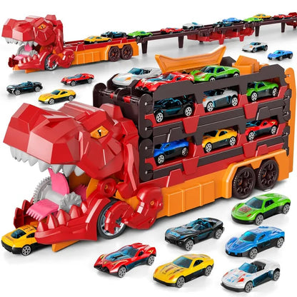 Dinosaur Transport Truck Toy Set with 12 Die-Cast Cars