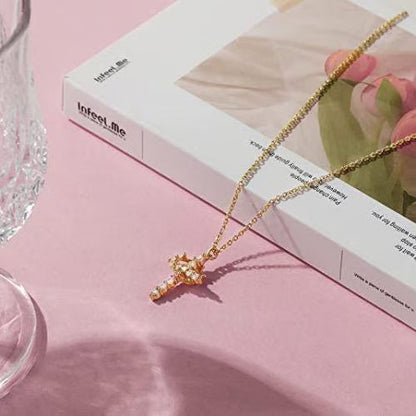 👑💎 Paved Cross Rotatable Crown Charm Necklace