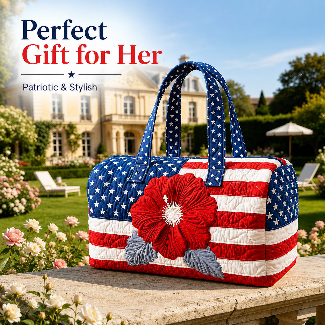 🦅👜Handcrafted American Flag Quilted Tote – 3D Floral Patriotic Shoulder Bag🌸