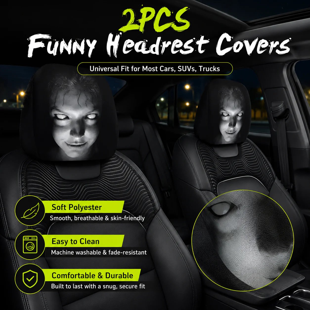 🎃 Early Halloween Sale – Horror Car Headrest Covers (2PCS Universal Fit)💀