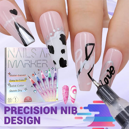 💅12 Colors Nail Art Pens Set – Fine Tip, Water-Based, Quick Dry