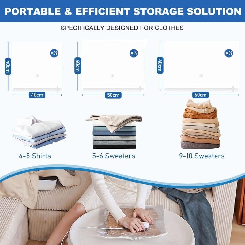 🔥9 Pack Lightweight Travel Bags with USB Electric Pump | Compact Vacuum Storage Bags for Clothes | Space Saver Compression Bags for Travel