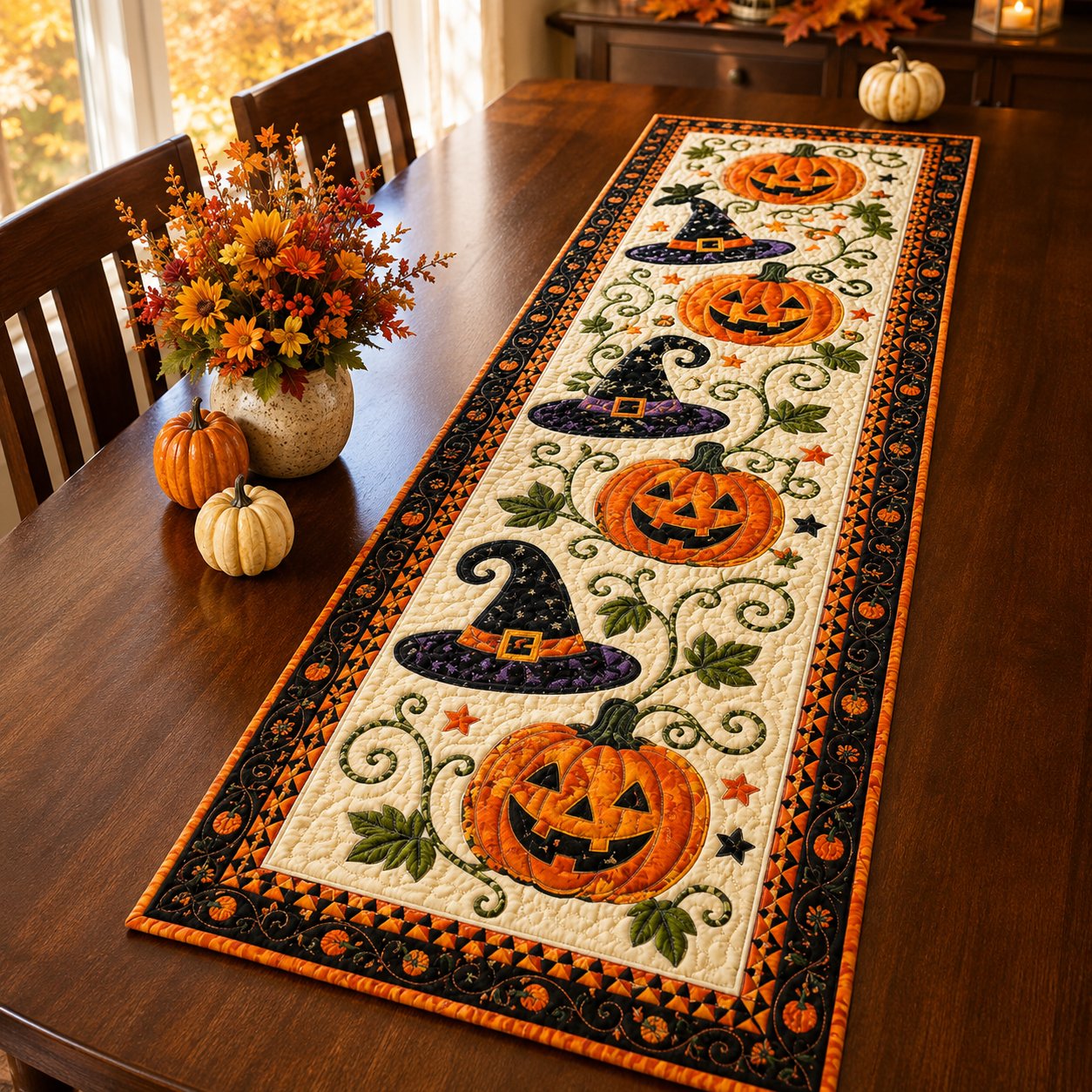 🎃🍂 Rustic Quilted Autumn Table Runner – Cozy Harvest Table Decor