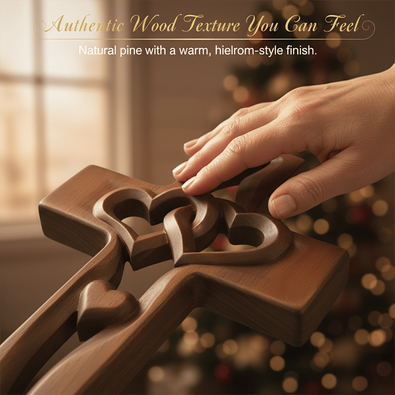 Hand-Carved Intertwined Hearts Wooden Cross