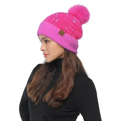 🔥Last Day 50% OFF - C.C Sequin Fur Pom Beanie