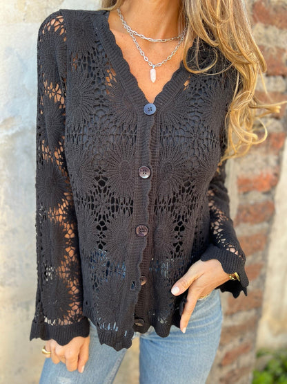 🏆Flash Sale⚡ 50K+ SOLD! Almost Gone-💥Cutout Embroidered V-Neck Button Long Sleeve Top,Best gifts