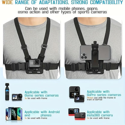 Chest strap phone holder, adjustable phone chest strap holder