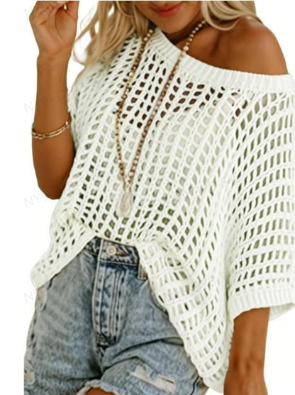 Womens Summer Scoop Neck Short Sleeve Sweater Casual Crochet Hollow Out Knit Tops Pullover Shirts Beach Coverup