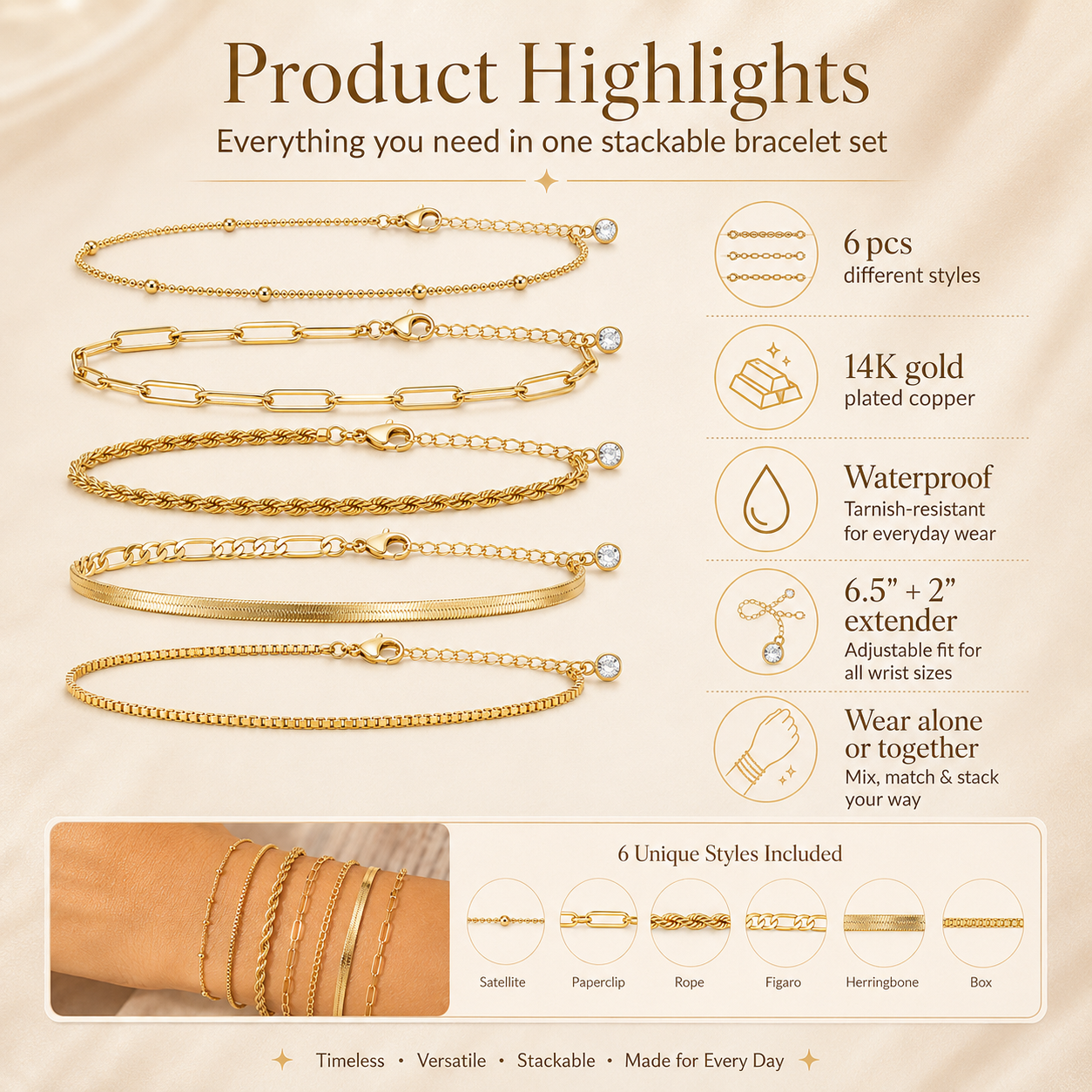 🔥6PCS Dainty Gold Bracelet Set – Trendy Stackable Chain Bracelets for Women