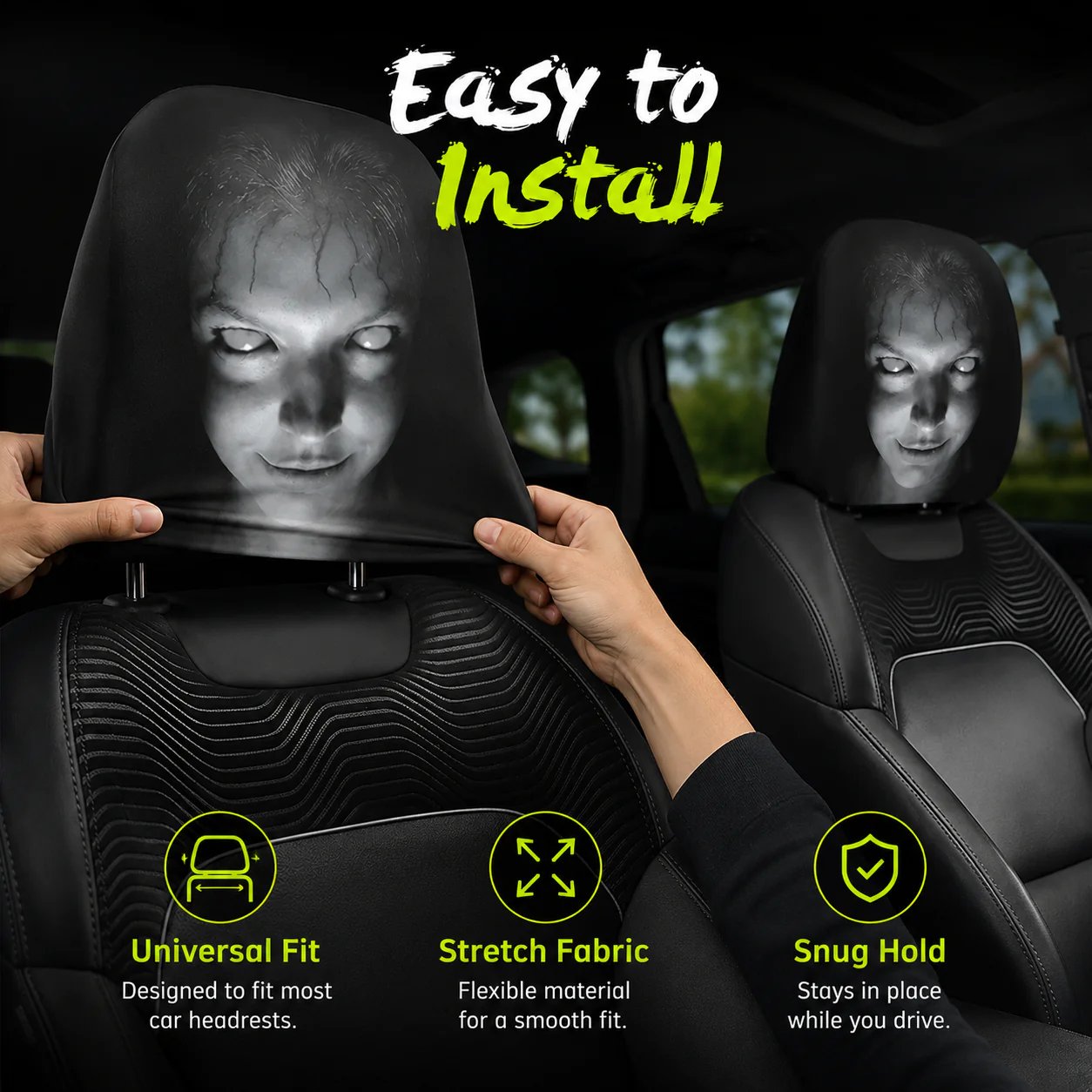 🎃 Early Halloween Sale – Horror Car Headrest Covers (2PCS Universal Fit)💀