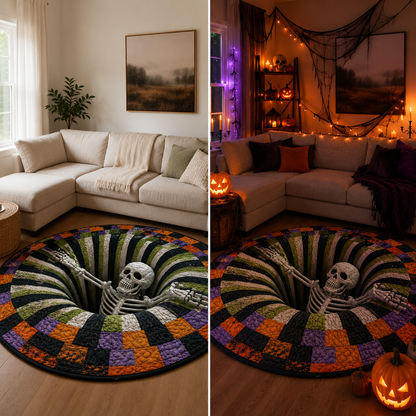 💀3D Skeleton Vortex Quilted Round Halloween Rug🎃
