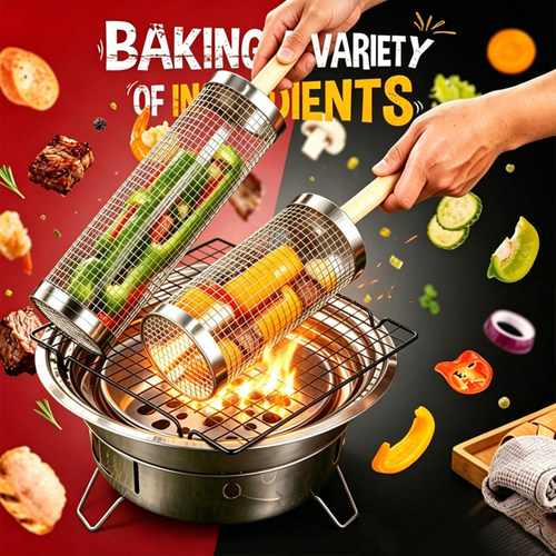 😋🔥Stainless Steel Rotary BBQ Cage with Handle🍗