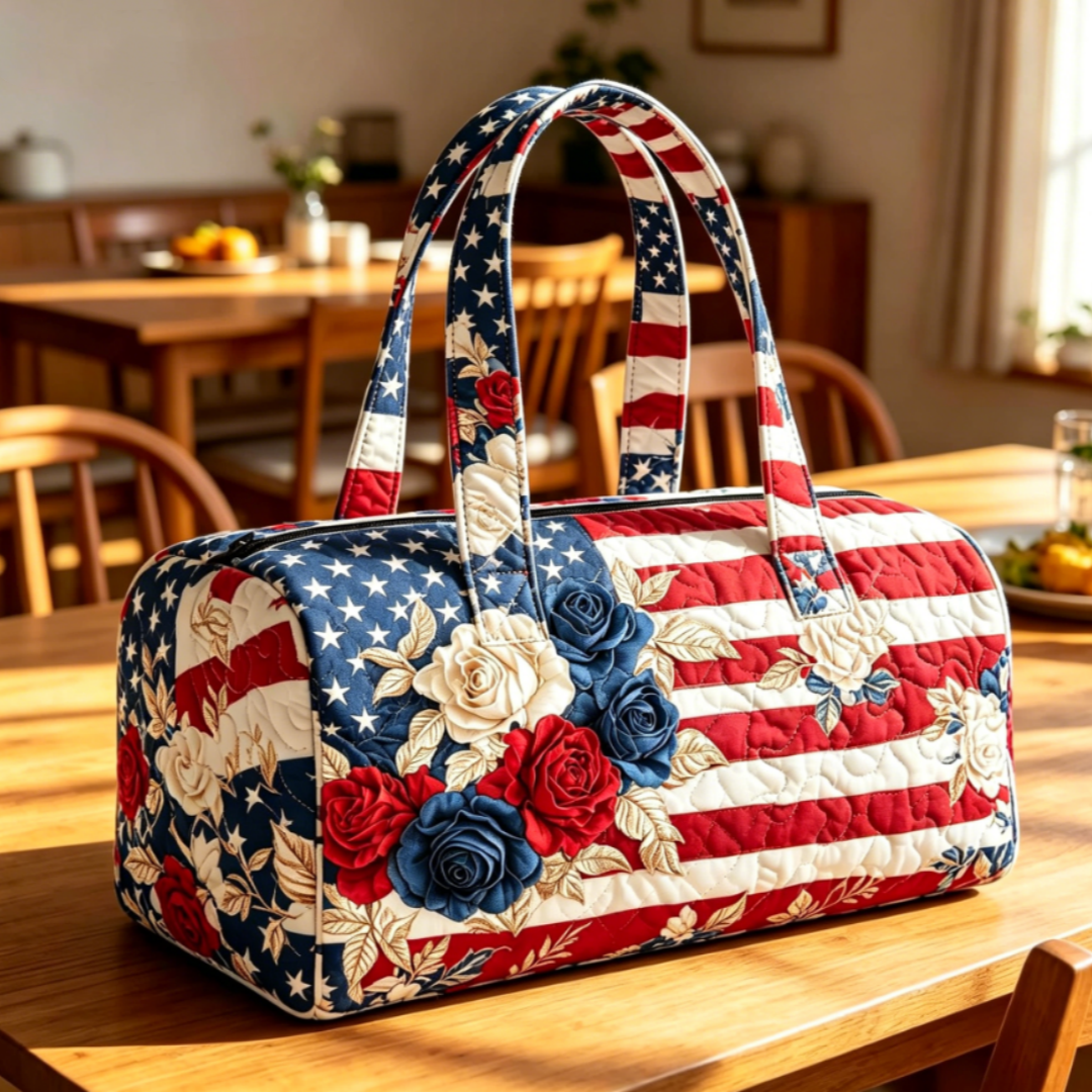 🦅👜Handcrafted American Flag Quilted Tote – 3D Floral Patriotic Shoulder Bag🌸