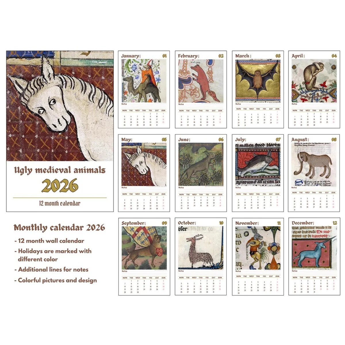 Ugly Medieval Animals 2026 Wall Calendar