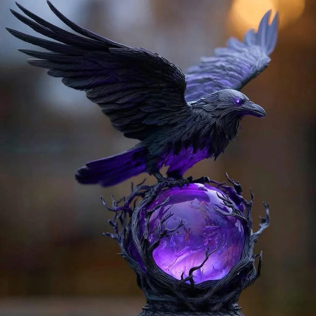 “Raven's Moonlight” Gothic LED Lamp – Mysterious Crow on Glowing Orb Sculpture