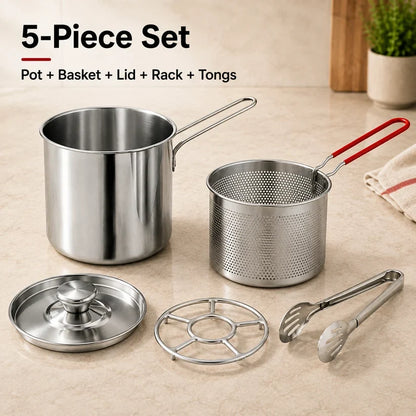 🔥2026🍟 Personal Mini Deep Fryer Set – Stainless Steel Pot with Lift-Out Draining Basket & Food Tongs