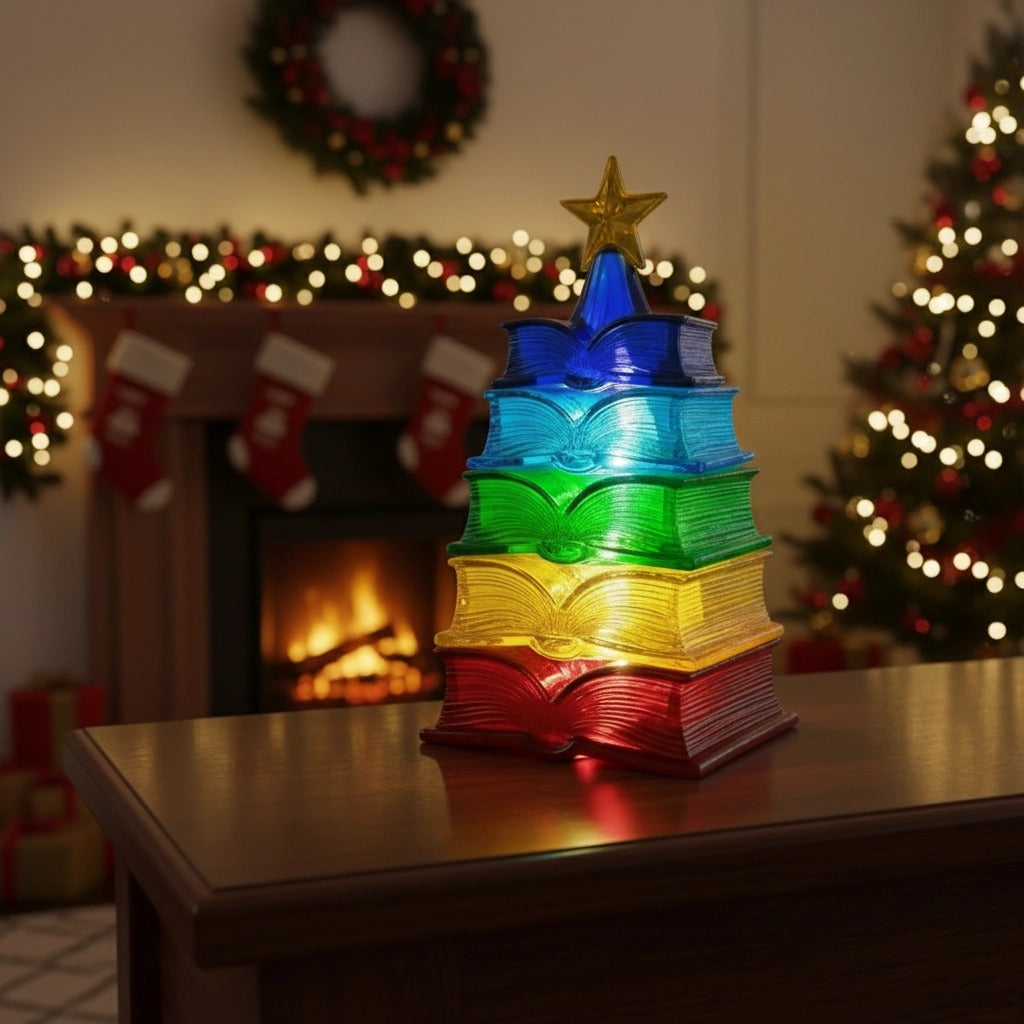 🌈Regenbogen-Buchlicht📚 – Gestapelter Weihnachtsbaum