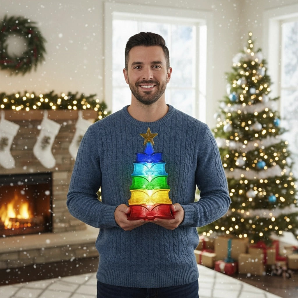 🌈Regenbogen-Buchlicht📚 – Gestapelter Weihnachtsbaum