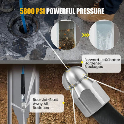 5800 PSI high-pressure drain cleaning nozzle blasting away pipe blockages, ideal for auto tools.