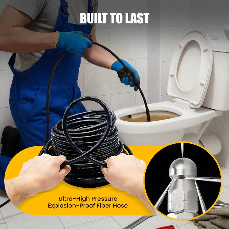 Plumber using ultra-high pressure fiber hose to unclog toilet, premium auto tool from clarioy