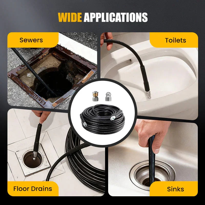 Clarioy premium drain cleaning hose kit in use for sewers, toilets, floor drains, and sinks.