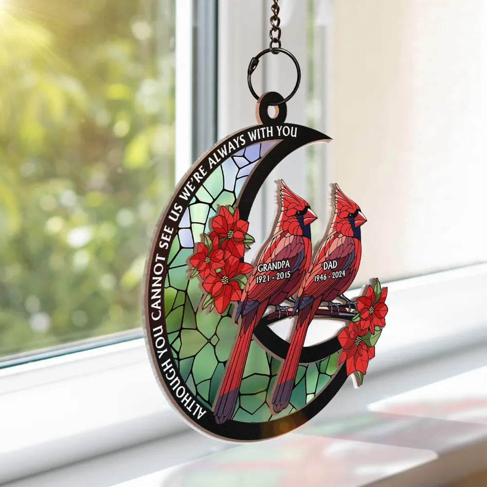 ❤️ In Loving Memory 🕊️ Cardinal Stained Glass Moon Ornament – Personalized Window Suncatcher