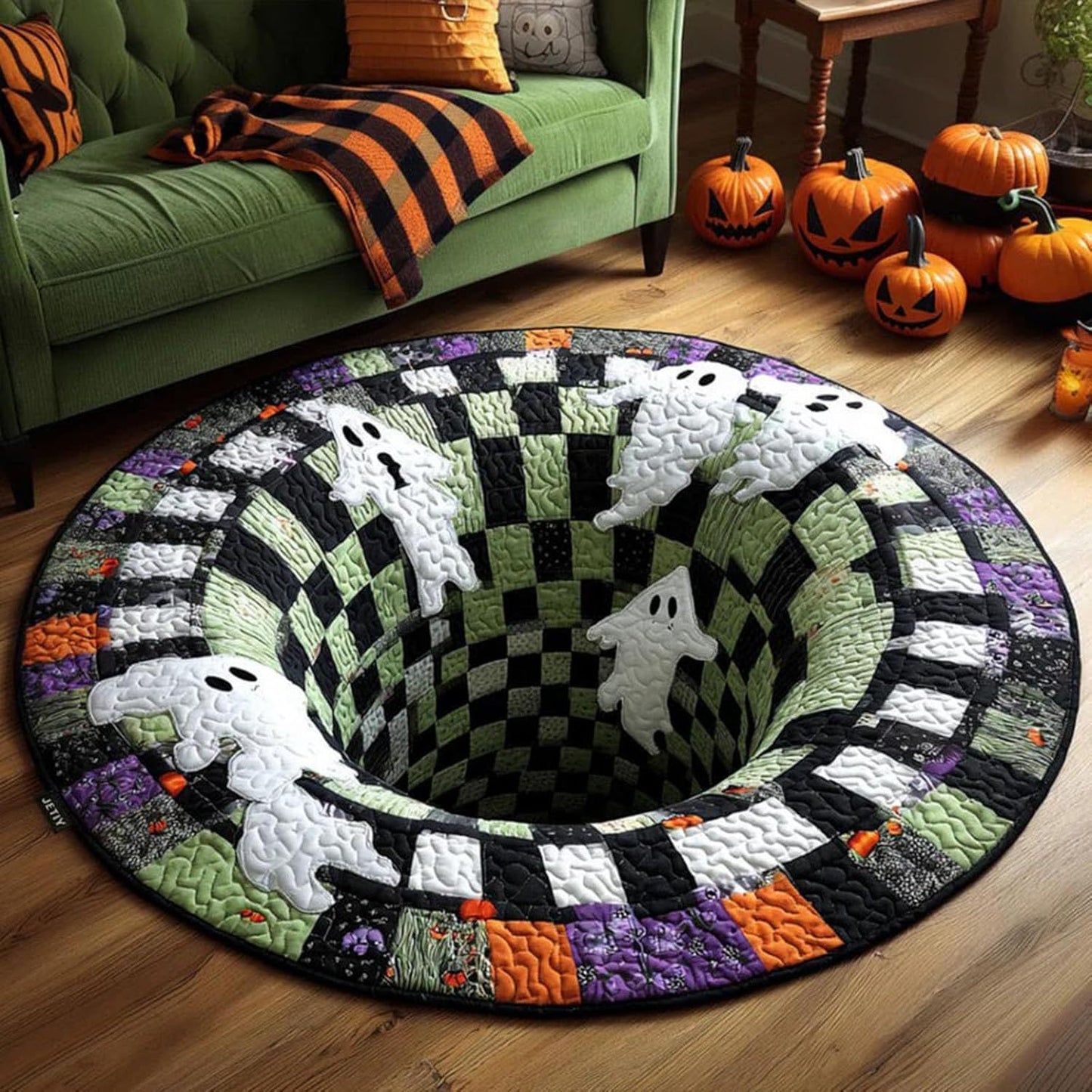 🔥 Limited Edition 🎃 3D Skeleton Optical Illusion Rug – Quilted Round Halloween Accent 👻