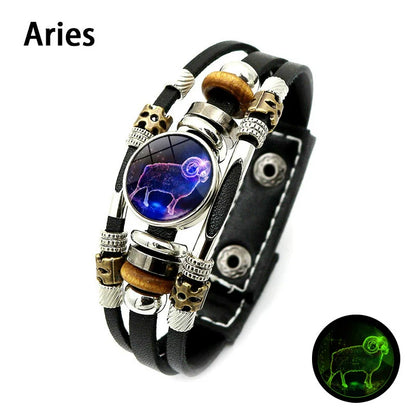 🌌 Wear Your Destiny: The 12 Zodiac Leather Bracelet 🌌
