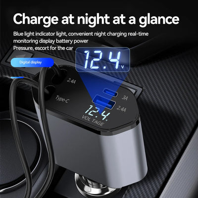 🔋 4-in-1 Retractable Car Charger – Fast, Tangle-Free Charging