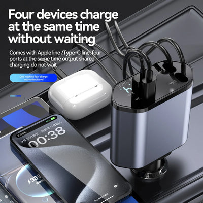 🔋 4-in-1 Retractable Car Charger – Fast, Tangle-Free Charging
