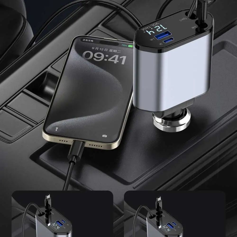 🔋 4-in-1 Retractable Car Charger – Fast, Tangle-Free Charging