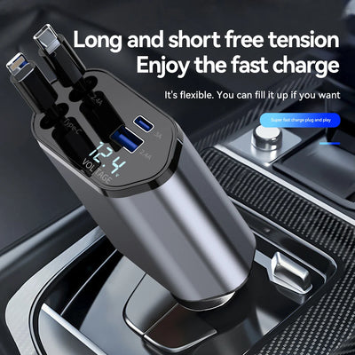 🔋 4-in-1 Retractable Car Charger – Fast, Tangle-Free Charging