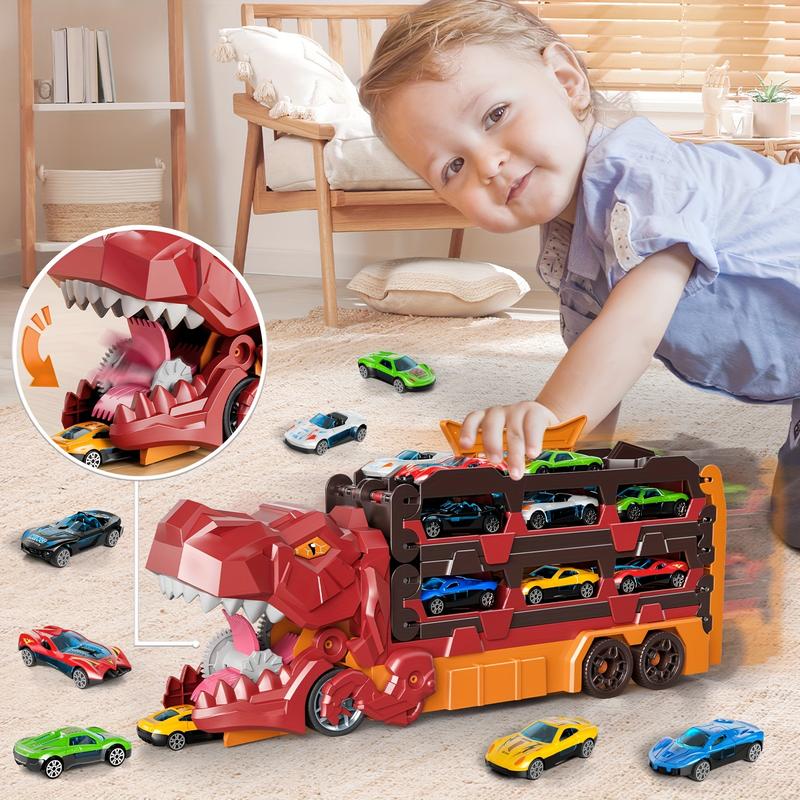 Dinosaur Transport Truck Toy Set with 12 Die-Cast Cars