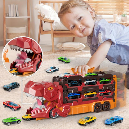 Dinosaur Transport Truck Toy Set with 12 Die-Cast Cars