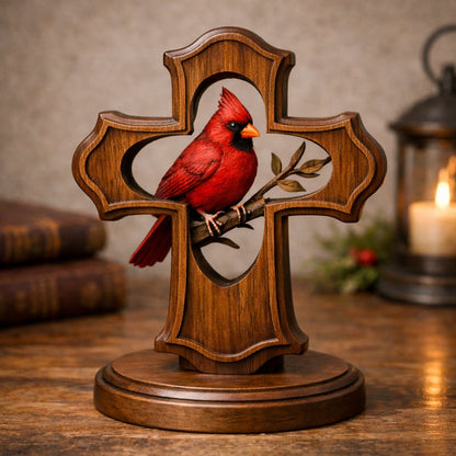 🔥Last Day 50% OFF - ❤️✝️Solid Wood Hand-Carved Cardinal Cross Ornament