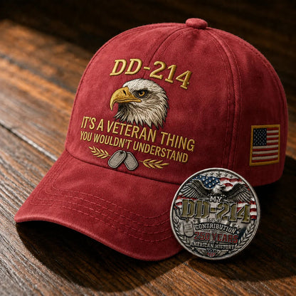 🧢 DD-214 Veteran 3D Embroidered Cap - “IT'S A VETERAN THING YOU WOULDN'T UNDERSTAND”🎁 Free Honor Coin With Every Cap Purchase