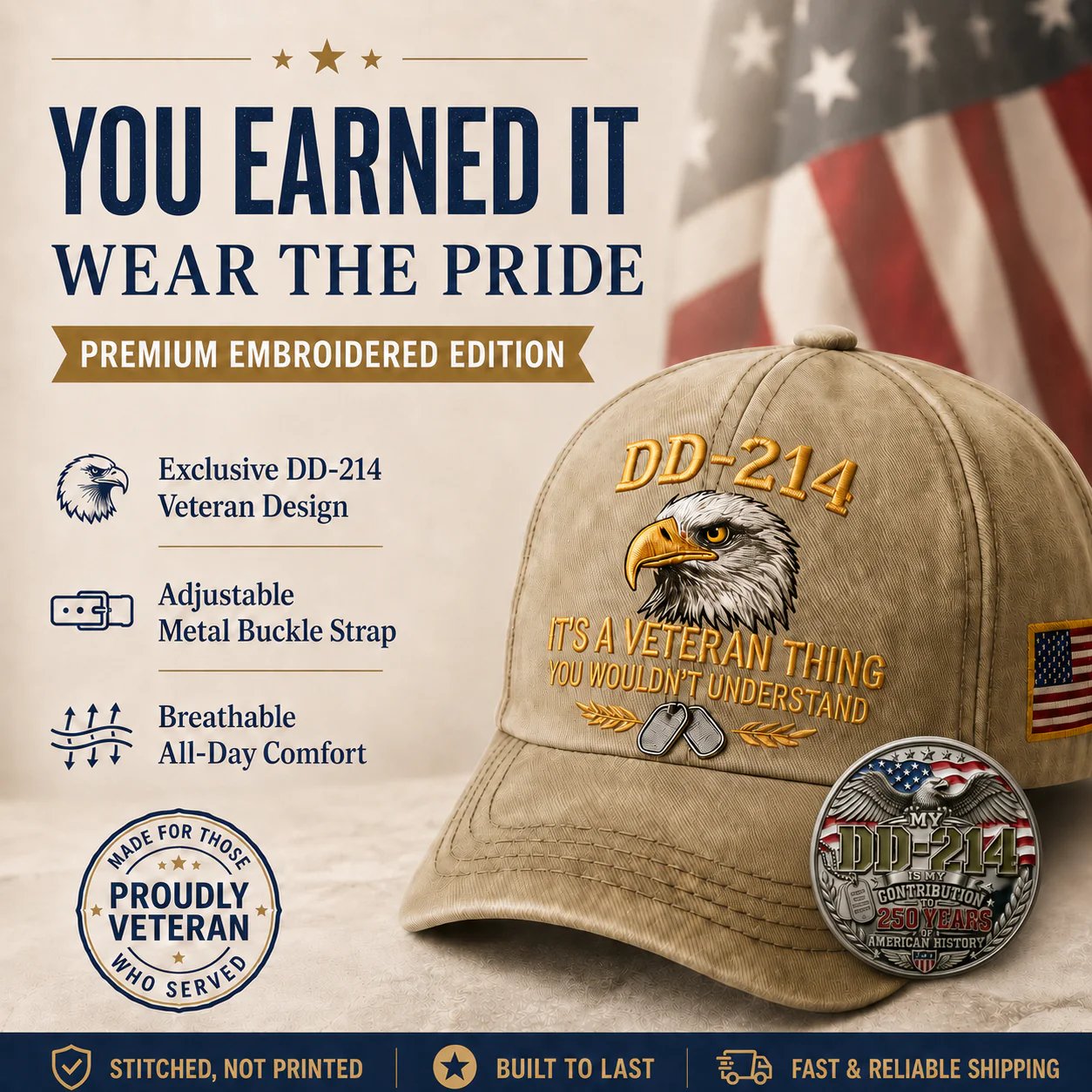 🧢 DD-214 Veteran 3D Embroidered Cap - “IT'S A VETERAN THING YOU WOULDN'T UNDERSTAND”🎁 Free Honor Coin With Every Cap Purchase