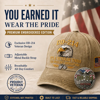 🧢 DD-214 Veteran 3D Embroidered Cap - “IT'S A VETERAN THING YOU WOULDN'T UNDERSTAND”🎁 Free Honor Coin With Every Cap Purchase