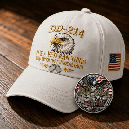 🧢 DD-214 Veteran 3D Embroidered Cap - “IT'S A VETERAN THING YOU WOULDN'T UNDERSTAND”🎁 Free Honor Coin With Every Cap Purchase