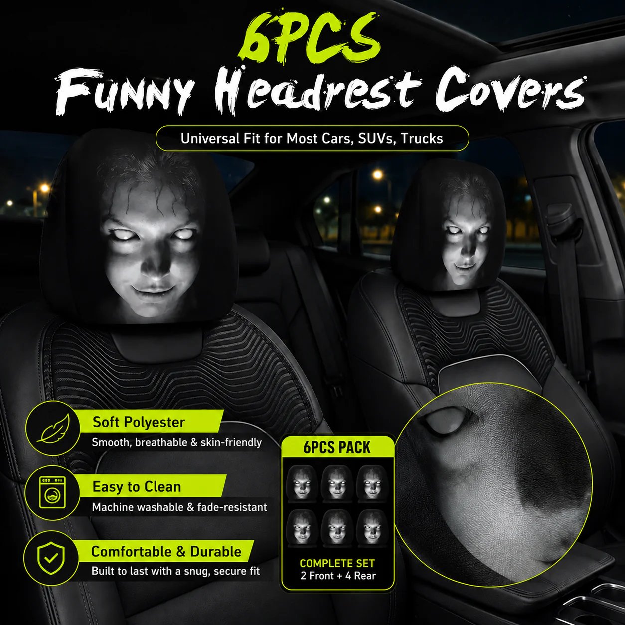 🎃 Early Halloween Sale – Horror Car Headrest Covers (2PCS Universal Fit)💀