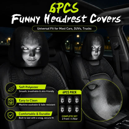 🎃 Early Halloween Sale – Horror Car Headrest Covers (2PCS Universal Fit)💀