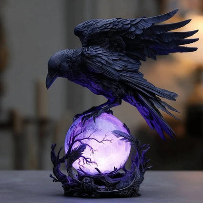 “Raven's Moonlight” Gothic LED Lamp – Mysterious Crow on Glowing Orb Sculpture