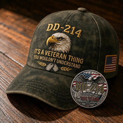🧢 DD-214 Veteran 3D Embroidered Cap - “IT'S A VETERAN THING YOU WOULDN'T UNDERSTAND”🎁 Free Honor Coin With Every Cap Purchase